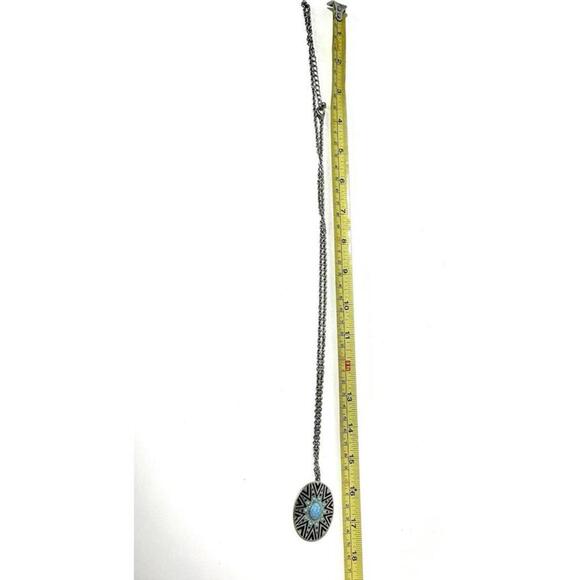 Native American Silver Turquoise Oval Pendant With Silver Chain Long Necklace - Picture 4 of 5